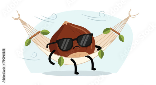 Relaxing Chestnut Character in Hammock Wearing Sunglasses During a Windy Day