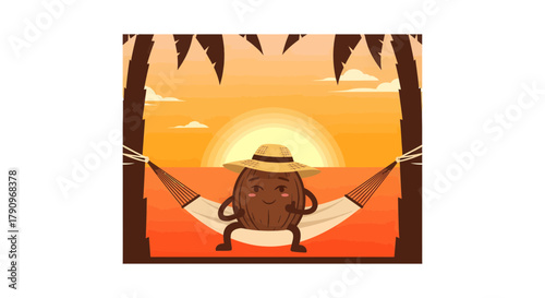 Relaxing Coconut Character Enjoying Sunset On Hammock With Palm Trees And Golden Beach
