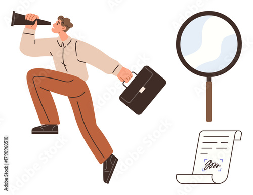 Man holding telescope and briefcase, magnifying glass and signed document nearby. Ideal for business strategy, goal setting, contracts, career growth, market analysis, exploration, simple flat