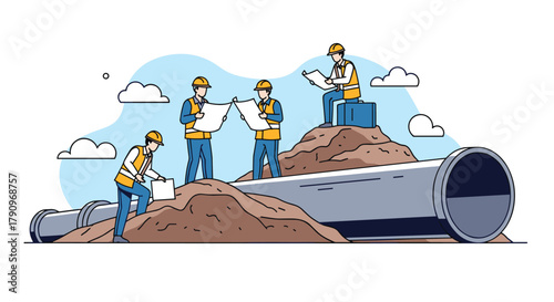 Engineers are discussing project plans while standing on large pipes and dirt mounds during a construction site visit.