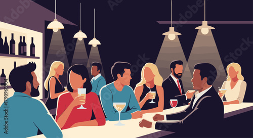 Friends and colleagues mingling at a lively bar enjoying drinks and conversation during an evening social gathering