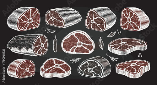 A collection of various raw meat cuts on a dark background