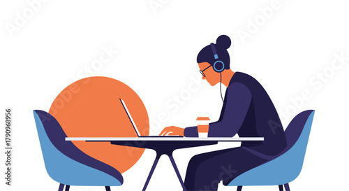 A person wearing headphones and glasses is working on a laptop at a table.