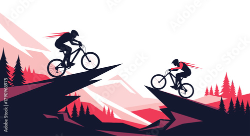 Two silhouette cyclists riding mountain bikes on rocky cliffs with red misty mountains in the background.
