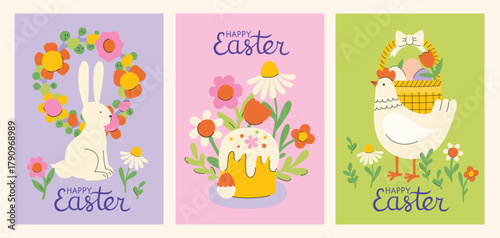 Happy easter clipart poster background set. Happy easter sunday wishes clip art collection with colorful abstract bunny, eggs, hen, Easter cake and flowers decoration elements. Illustration greeting