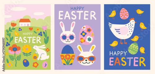 Happy easter clipart poster background set. Happy easter sunday wishes clip art collection with colorful abstract bunny, eggs, hen, chicken and flowers decoration elements. Illustration greeting card