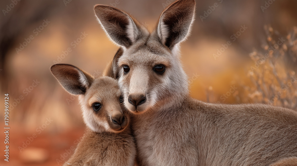 Fototapeta premium Ai mother kangaroo and joey nestled together in the Australian outback during sunset