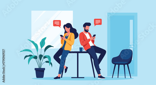 Couple ignoring each other while texting on their phones in a cafe.