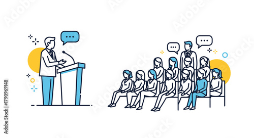 A speaker is addressing a seated audience during a conference or a lecture event presentation.