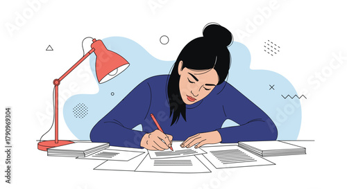 Young woman focused on her writing assignments at a desk with a lamp illuminating her work.