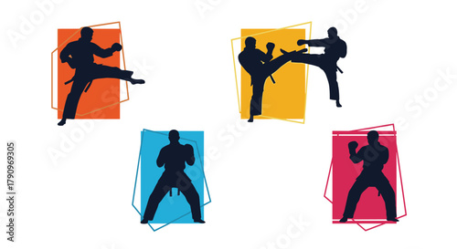 Dynamic martial arts silhouettes illustrating powerful kicks and punches in colorful abstract shapes representing combat disciplines.