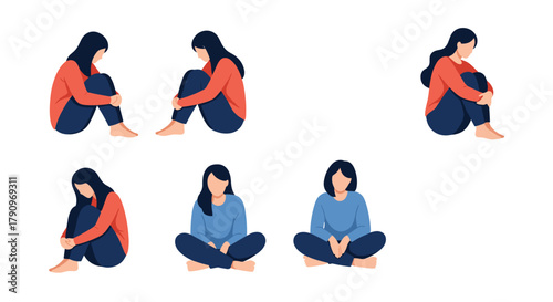 Illustration of a sad woman sitting in various positions with her knees pulled to her chest.
