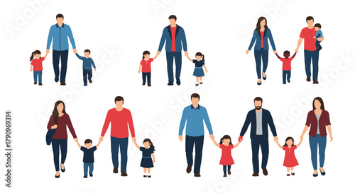 Diverse families holding hands with their children walking together happily