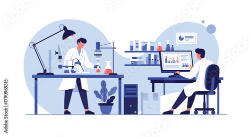 Scientists conduct experiments and analyze data in a modern laboratory setting.