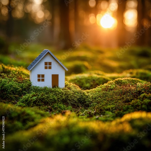Miniature house rests on mossy ground as sunlight filters through trees