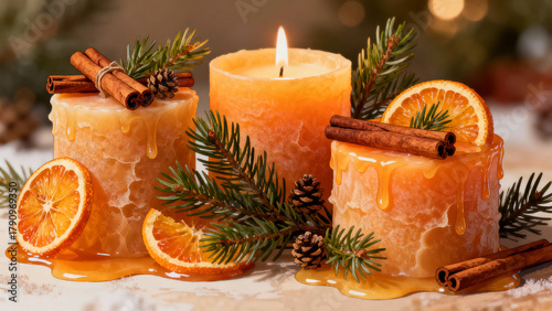 Three orange candles with cinnamon and pine sprigs for winter decor  