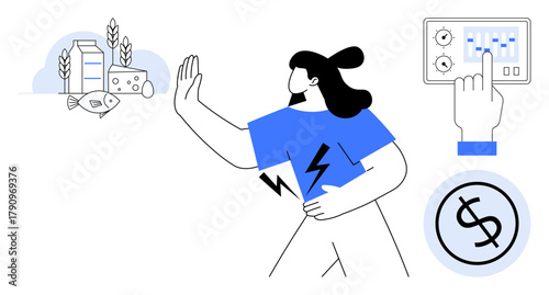 Person avoiding allergenic foods, hand interacting with a healthcare interface, dollar coin signifying cost. Ideal for health, technology, budgeting, awareness, prevention, nutrition lifestyle