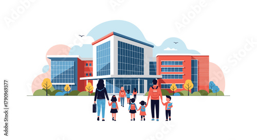 Families and children walking towards a modern school building with colorful trees and a bright sky in the background.