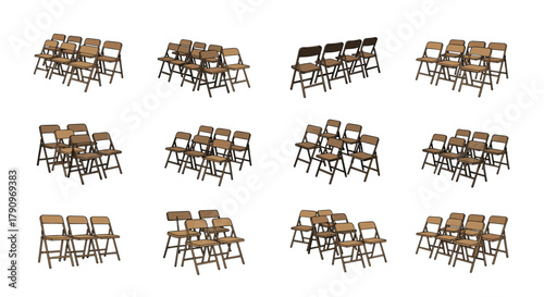 A collection of twelve different groupings of wooden chairs neatly stacked and organized for event seating arrangements.