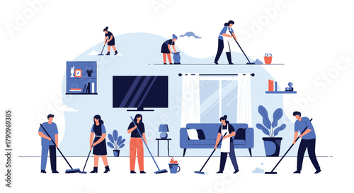 A group of diverse people are cleaning their homes and apartments with mops and brooms for a spotless shine.