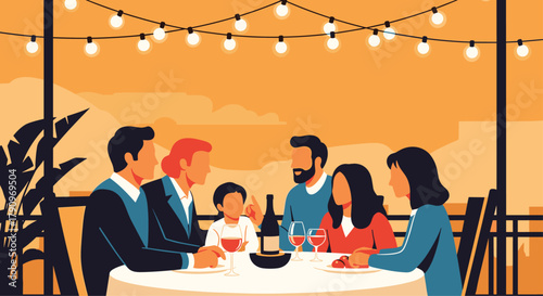 A family gathering enjoying a pleasant dinner on a rooftop terrace with string lights overhead at sunset.