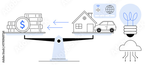 Scale balancing money with assets thumbs up house and car, arrows indicating trade or value exchange, lightbulb signifying ideas or innovation, cloud symbolizing technology. Ideal for economy