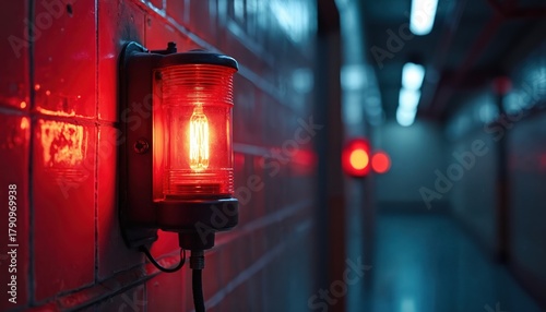 Red emergency beacon light mounted on tiled wall. Glowing warning light indicates danger alert. Additional emergency lights in background along corridor. Concept of security and safety.