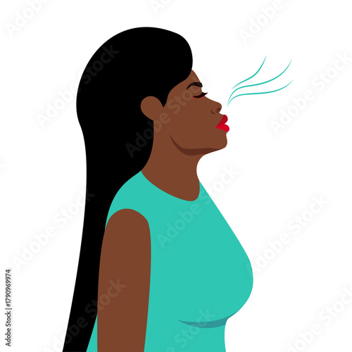 Mental health concept with pretty young African woman. Young girl doing breathing exercise. Care. Awareness, mindfulness and meditation. Flat vector illustration isolated on white background