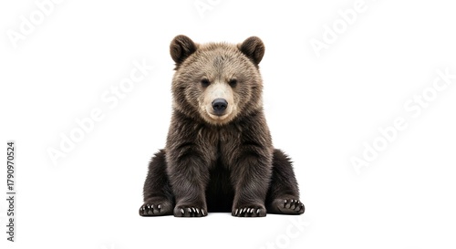 A brown bear cub sitting upright with its eyes closed on a plain white background in a studio setting