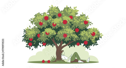 Person Relaxing Under Fruit Tree Reading Digital Device Enjoying The Nature Scenario Illustration