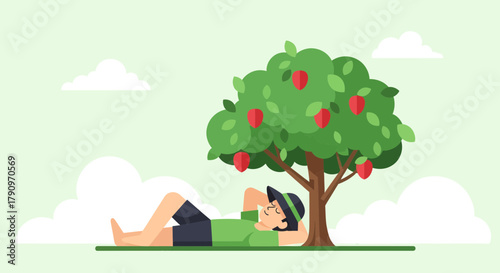 Person Relaxing Under Apple Tree On Grass With Sunbeams And Clouds Overhead