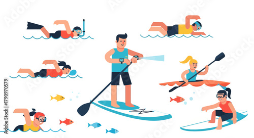People Enjoying Variety Of Water Sports And Recreational Activities in Modern flat illustration