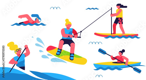 People Enjoying Various Water Sports Activities Against a Black Background Illustration