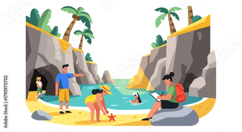 People Exploring a Tropical Paradise, Discovering Natural Wonders, And Enjoying Peaceful Moments