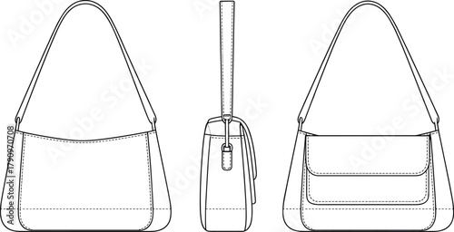 Shoulder bag front side back view template womens handbag fashion accessory minimal outline sewing detail purse mockup cad drawing flat vector illustration