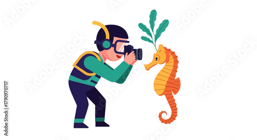 Photographer Capturing A Colorful Seahorse With Plants Against A Black Background