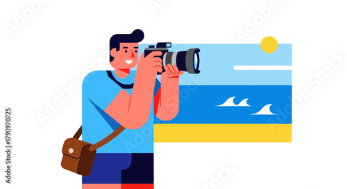 Photographer Capturing Beach Scene With Camera: Travel, Vacation, Holiday Imagery