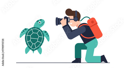 Photographer Capturing A Whimsical Turtle Moment Against Black Background
