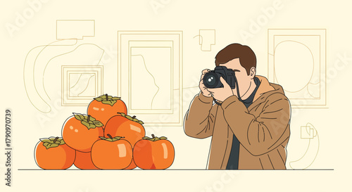 Photographer Capturing Fresh Persimmons in Artistic Scene with Graphic Background