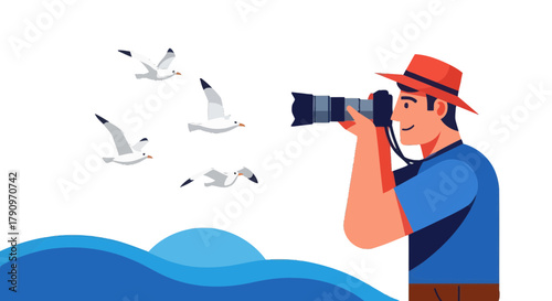 Photographer Capturing Birds Flying Over the Sea With a Professional Camera