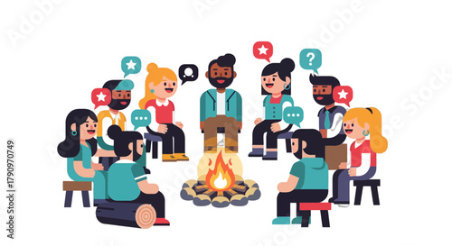 People Gather Around a Campfire, Sharing Thoughts and Ideas Under the Night Sky