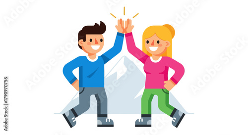 People Giving High Five For Achieving Success Near A Mountain Peak After Climb