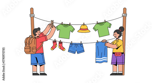 People Hanging Clothes Outdoors, Creating a Vivid And Delightful Scene, Minimalist Style