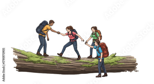 People Hiking Together Across A Log, Overcoming Obstacles, Friendship and Teamwork