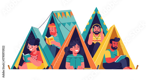 People Inside Colorful Tents, Enjoying Leisure Activities Against a Black Background