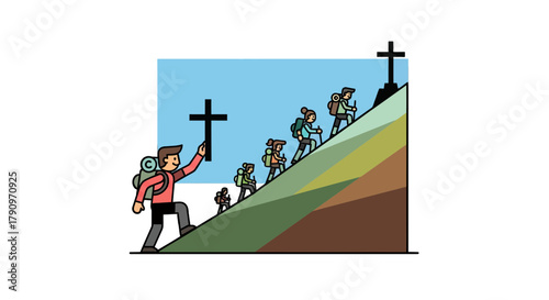 Pilgrimage To Faith, Hikers Ascending Towards The Symbolic Cross, Overcoming Challenges