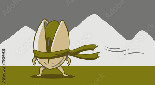 Pistachio Character Bravely Battling The Winter Wind In Against A Mountain Backdrop