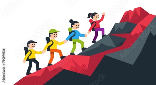 People Hiking Together, Reaching Mountain Peak, Teamwork and Achieving Goals
