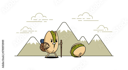 Pistachio Adventure: Nutty Cartoon Hiking Towards Mountain Peaks and Clouds