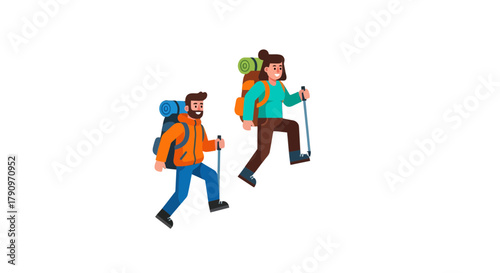 People Hiking Up Mountains, Backpacking Through Nature with Trekking Poles Outdoors